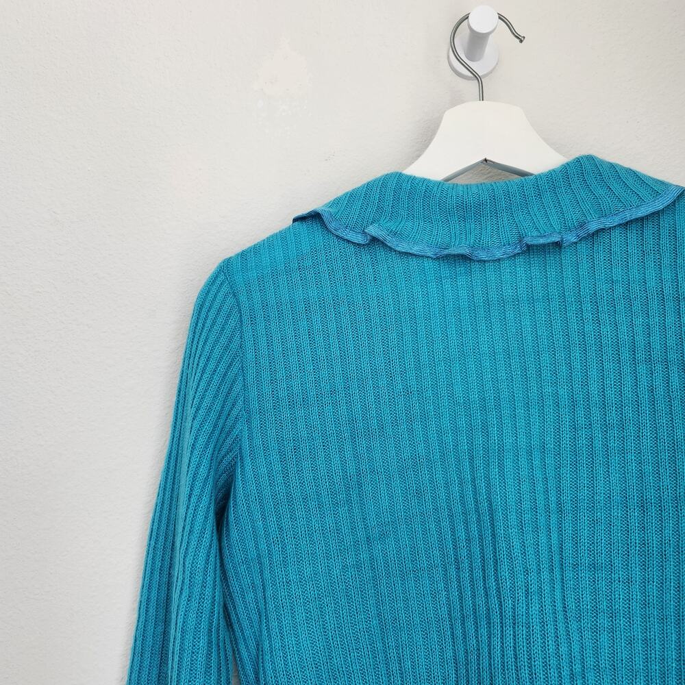 Vintage 70s Blue Teal Knit Ruffle Wrap Cardigan Tie Waist Top S Kentelle - Picture 16 of 16